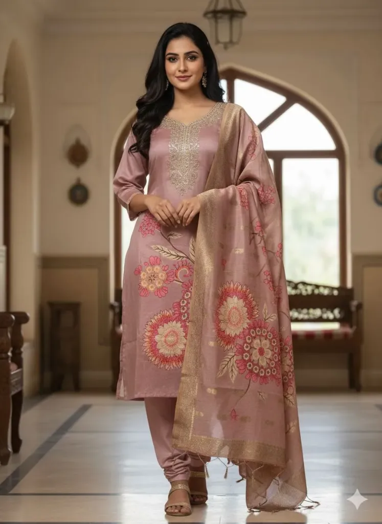 SVN DESIGNER 3 PCS PINK KURTI SET WITH BANARASI DUPATTA